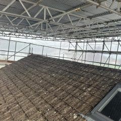 A weathered, moss-covered tiled roof is shown under a metal scaffolding structure, with a partially visible skylight and scaffolding surrounding the building.